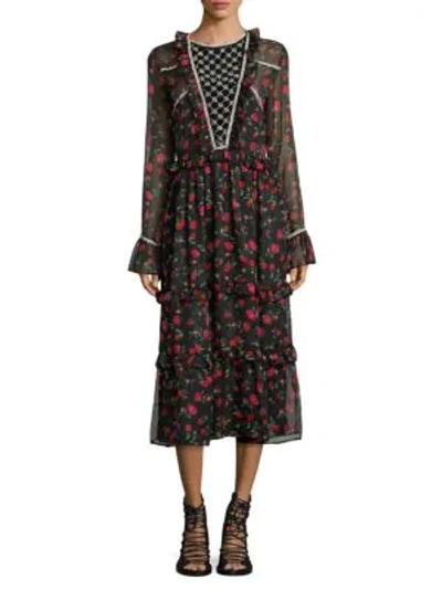 Shop Dodo Bar Or Roberta Rose-print Bell-sleeve Dress In Black