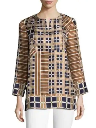 Shop Lafayette 148 Long-sleeve Silk Plaid Top In Sepia