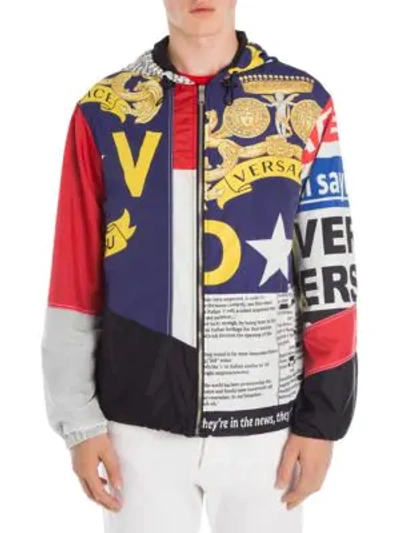 Shop Versace Printed Zip-up Hooded Jacket In White Red Blue