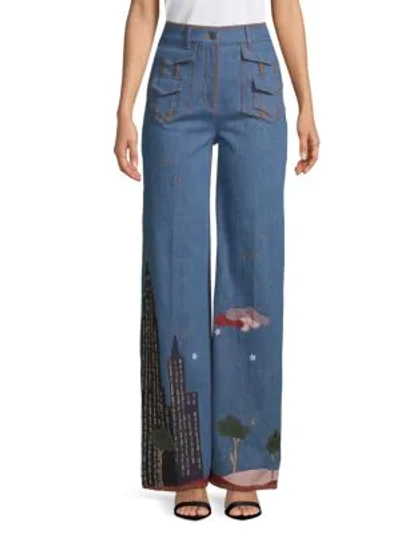 Shop Valentino Graphic Wide-leg Jeans In Denim