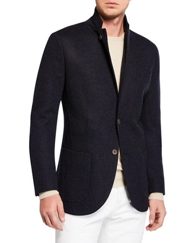 Shop Loro Piana Men's Heathered Cashmere Sweater Jacket In Blue/gray