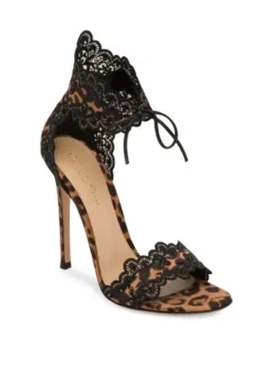 Shop Gianvito Rossi Lace-trimmed Leopard-print Silk Sandals