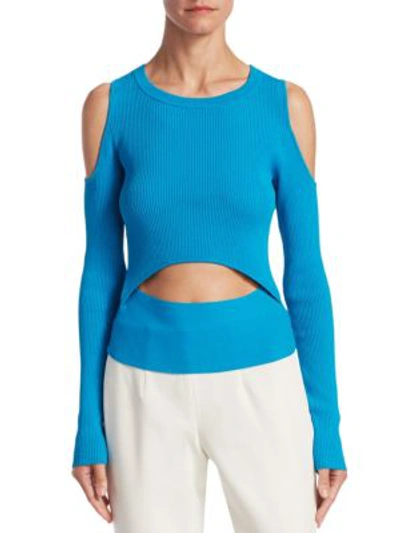 Shop Scripted Cutout Ribbed Sweater In Vivid Turquoise