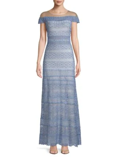 Shop Tadashi Shoji Lace Illusion Gown In Blue Stone