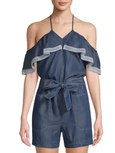 Shop Laundry By Shelli Segal Chambray Cold-shoulder Romper In Denim Blue