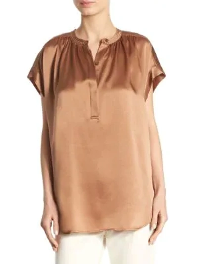 Shop Vince Shirred Neck Top In Tobacco
