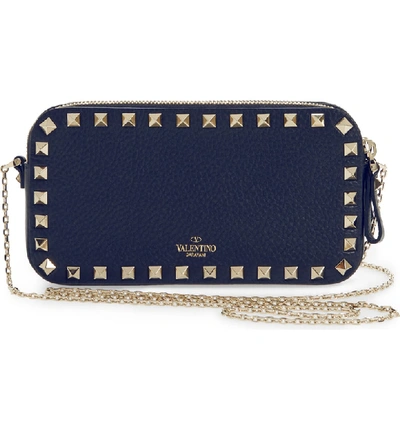 Shop Valentino Rockstud Leather Pouch In Pure Blue