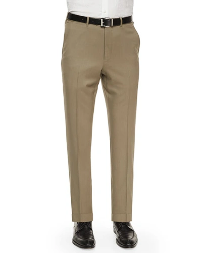 Shop Ermenegildo Zegna Men's Flat-front Wool Regular-fit Trousers In Taupe