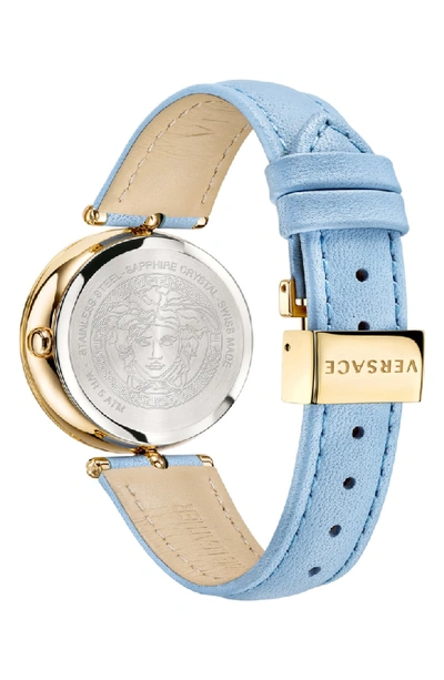 Shop Versace Palazzo Empire Leather Strap Watch, 34mm In Blue/ Gold