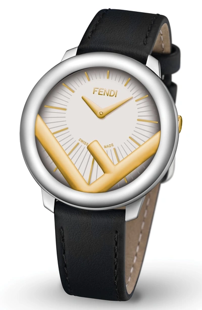 Shop Fendi Run Away Leather Strap Watch, 36mm In Black/ White/ Gold/ Silver