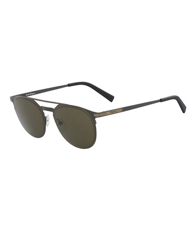 Shop Ferragamo Men's Two-tone Metal Sunglasses With Double Bridge In Olive