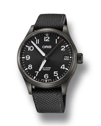 Shop Oris Men's 41mm Propilot Watch W/ Textile Strap, Black In Gray