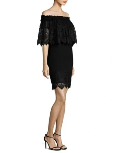 Shop Badgley Mischka Lace-trim Off-the-shoulder Dress In Black