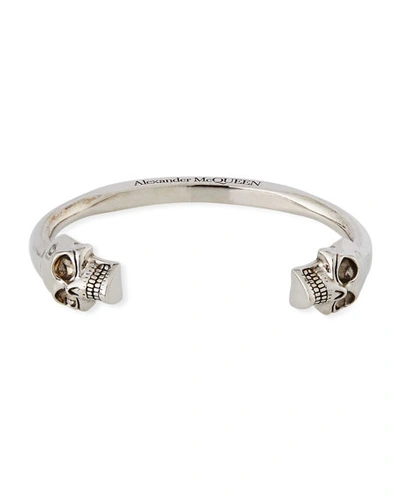 Shop Alexander Mcqueen Men's Large Twin-skull Coated Brass Bracelet, Silver