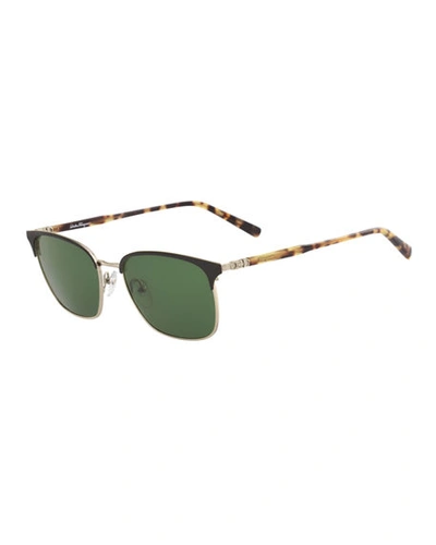 Shop Ferragamo Men's Timeless Half-rim Sunglasses In Black