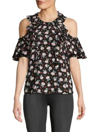 Shop Rebecca Taylor Rosalie Cold-shoulder Floral Silk Top In Black Multi