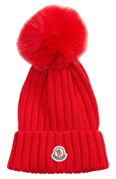 Shop Moncler Genuine Fox Fur Pom Wool Beanie - Red In Medium Red