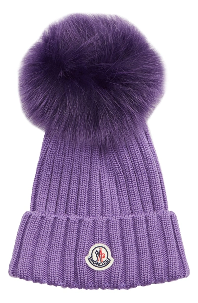 Shop Moncler Genuine Fox Fur Pom Wool Beanie - Purple In Light Purple