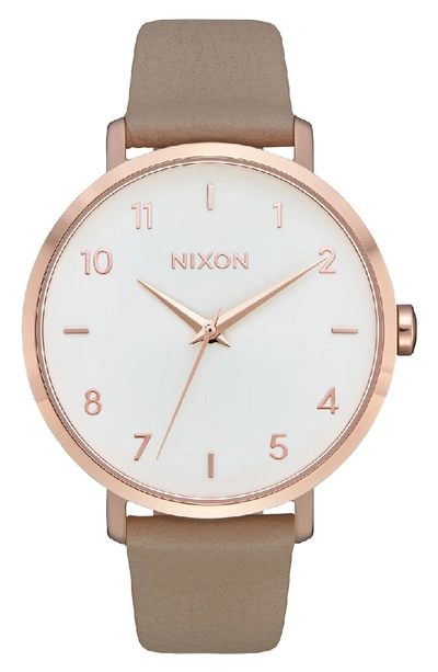 Shop Nixon The Arrow Leather Strap Watch, 38mm In Grey/ White/ Rose Gold