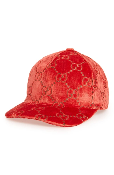 Shop Gucci Logo Embroidered Velvet Baseball Cap In Red