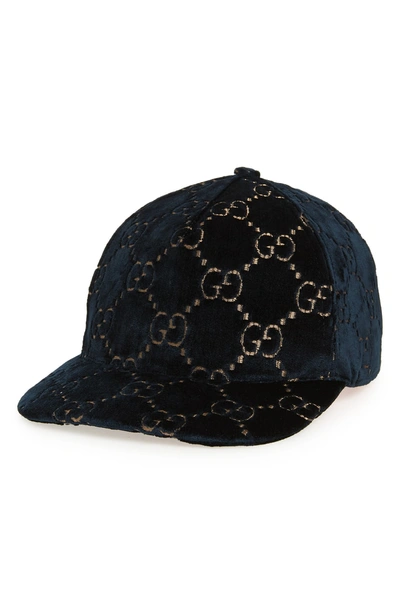 Shop Gucci Gg Embroidered Velvet Baseball Cap In Sapphire/ Black