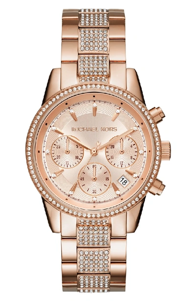 Shop Michael Kors Ritz Pave Chronograph Bracelet Watch, 37mm In Rose Gold