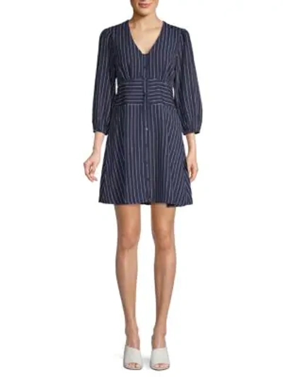 Shop 19 Cooper Pinstriped Puffed-sleeve A-line Dress In Navy Stripe