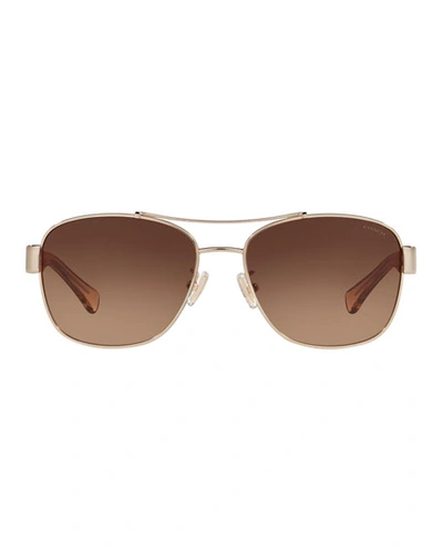 Shop Coach Metal & Acetate Aviator Sunglasses W/ Logo Arms In Brown/gold