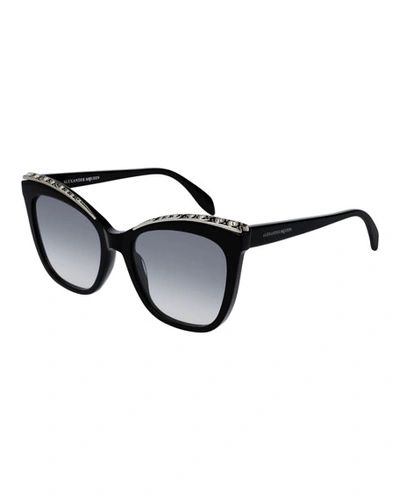 Shop Alexander Mcqueen Cat-eye Acetate Sunglasses W/ Crystal Brows In Black