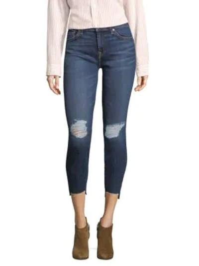 Shop 7 For All Mankind Distressed Step-hem Ankle Skinny Jeans In Blue