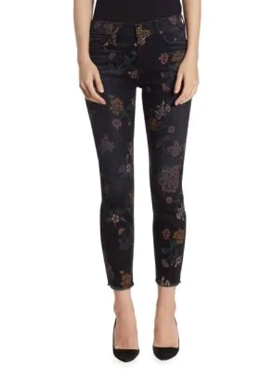 Shop 7 For All Mankind Roxanne Floral Raw-hem Jeans In Noir