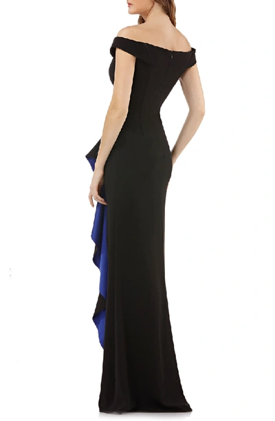 Shop Carmen Marc Valvo Infusion Ruffle Off The Shoulder Gown In Black/ Cobalt
