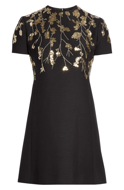 Shop Valentino Floral Embroidered Crepe Couture Dress In Black Gold