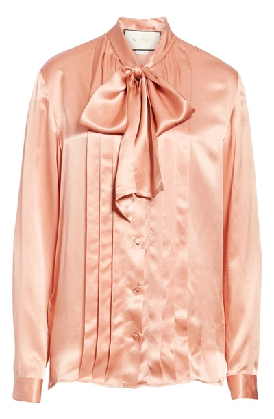 Shop Gucci Silk Satin Bow Blouse In Brick Rose