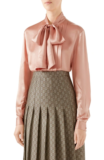 Shop Gucci Silk Satin Bow Blouse In Brick Rose