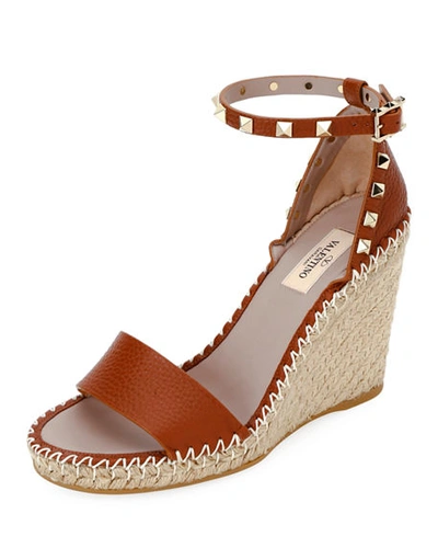 Shop Valentino Rockstud Double Espadrille Wedge Sandals In Brown