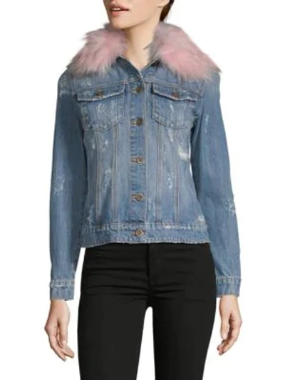 Shop Driftwood Geena Faux Fur Collar Denim Jacket In Medium Wash