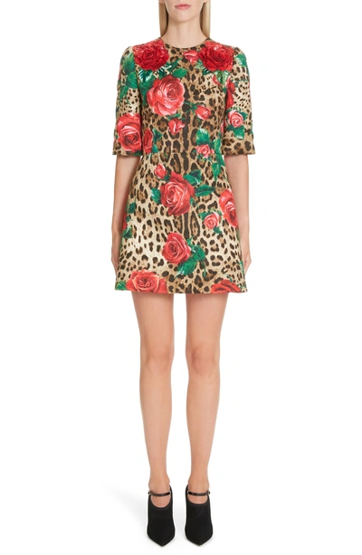 Shop Dolce & Gabbana Embellished Rose & Leopard Print Brocade Dress In Hkirs Rose Leo