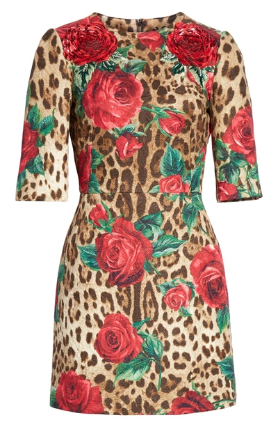 Shop Dolce & Gabbana Embellished Rose & Leopard Print Brocade Dress In Hkirs Rose Leo