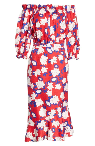 Shop Saloni Grace Print Silk Off The Shoulder Dress In Dahlia