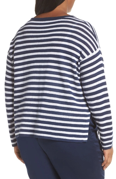 Shop Eileen Fisher Stripe Organic Linen Sweater In Indigo