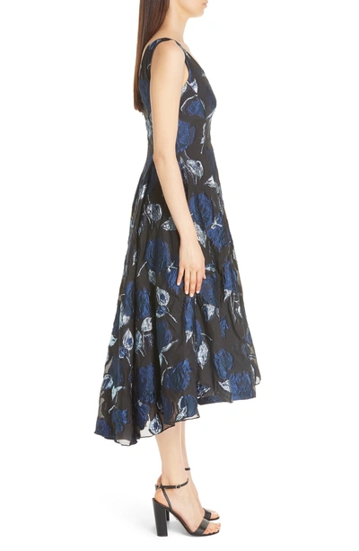 Shop Lela Rose Metallic Floral Fil Coupe Fit & Flare Midi Dress In Navy/ Black