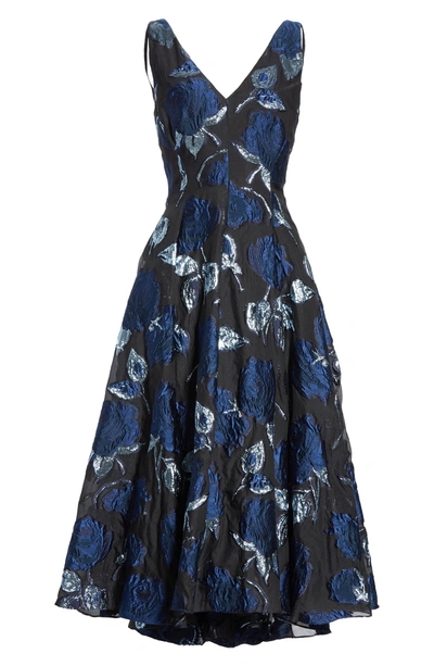 Shop Lela Rose Metallic Floral Fil Coupe Fit & Flare Midi Dress In Navy/ Black