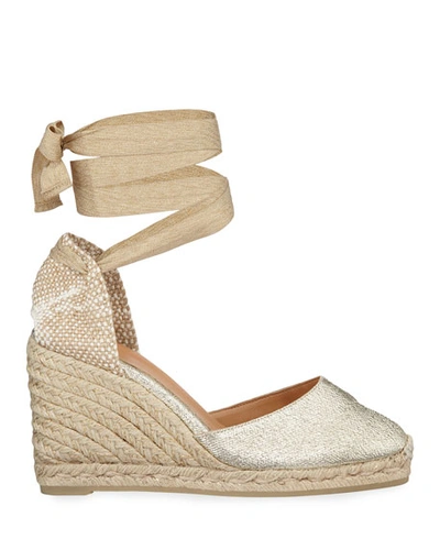 Shop Castaã±er Carina Linen Wedge Espadrille Sandals In Gold