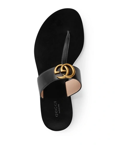 Shop Gucci Flat Marmont Leather Thong In Black/black
