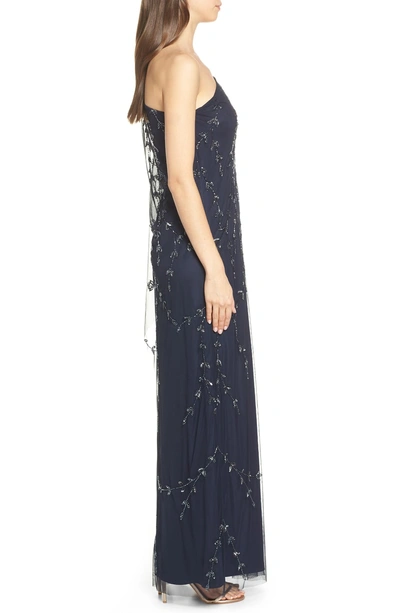 Shop Adrianna Papell Beaded One-shoulder Evening Dress In Midnight