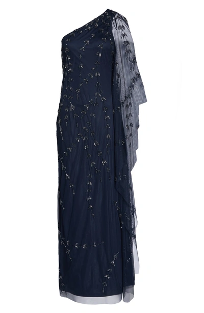 Shop Adrianna Papell Beaded One-shoulder Evening Dress In Midnight