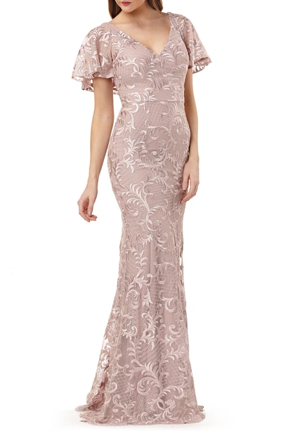 Shop Carmen Marc Valvo Infusion Capelet Sleeve Evening Dress In Dusty Rose