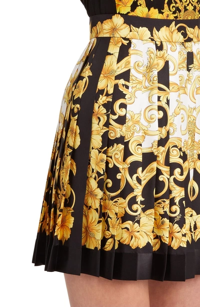 Shop Versace Hibiscus Print Pleated Silk Skirt In Black Print