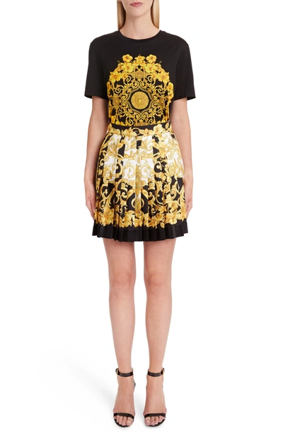 Shop Versace Hibiscus Print Pleated Silk Skirt In Black Print